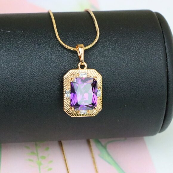 "Purple Rectangular Pendant with Gold Frame and Sparkling Accents, XPPT1786 - Picture 2 of 13
